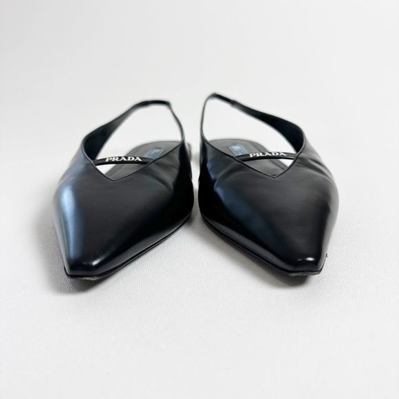 PRADA Black Slingback Ballet Flats 40 US 9.5 Point Toe Logo Flat Brushed Leather - Picture 9 of 15